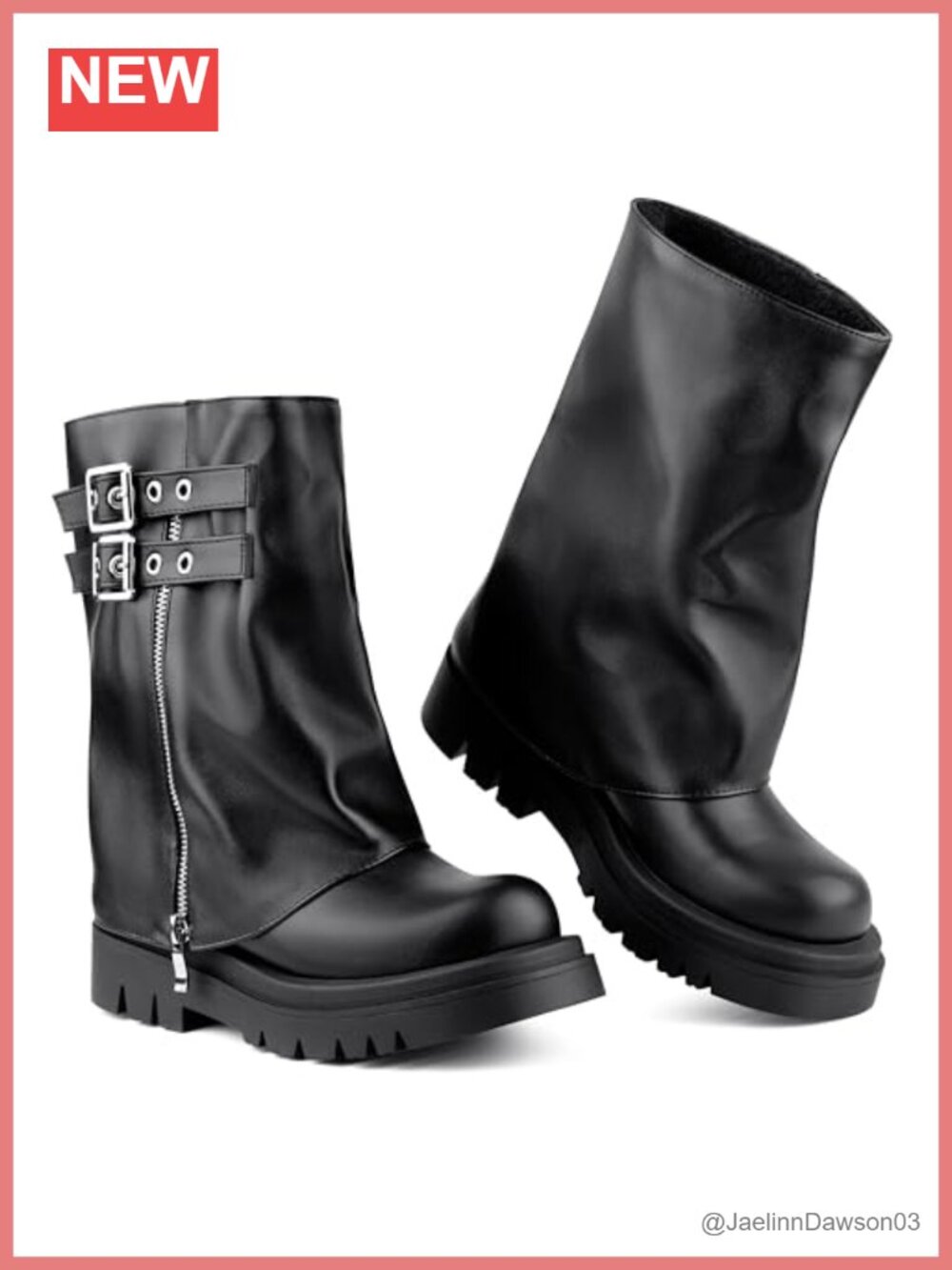 Faux Leather Fold Over Moto Combat Mid Calf Boots